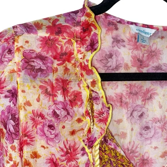 Sundance Fields of Beauty Dress Pink Yellow Tiered Tassel Tie Midi Size Large - Picture 10 of 14